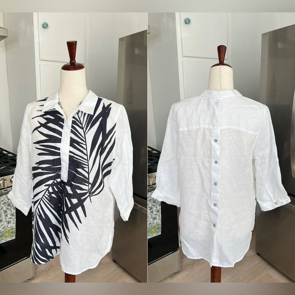 Chico’s 100% Linen Chico's Linen White and Black Palm Leaf Tunic sz 1.5 (10)